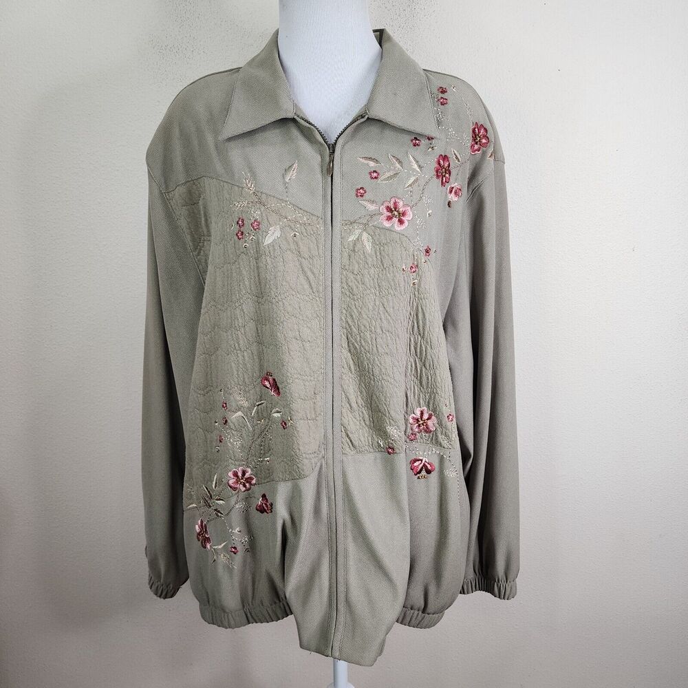 Alfred Dunner Women Knit Jacket Floral embroidered Dark GreenPlus Size 20W